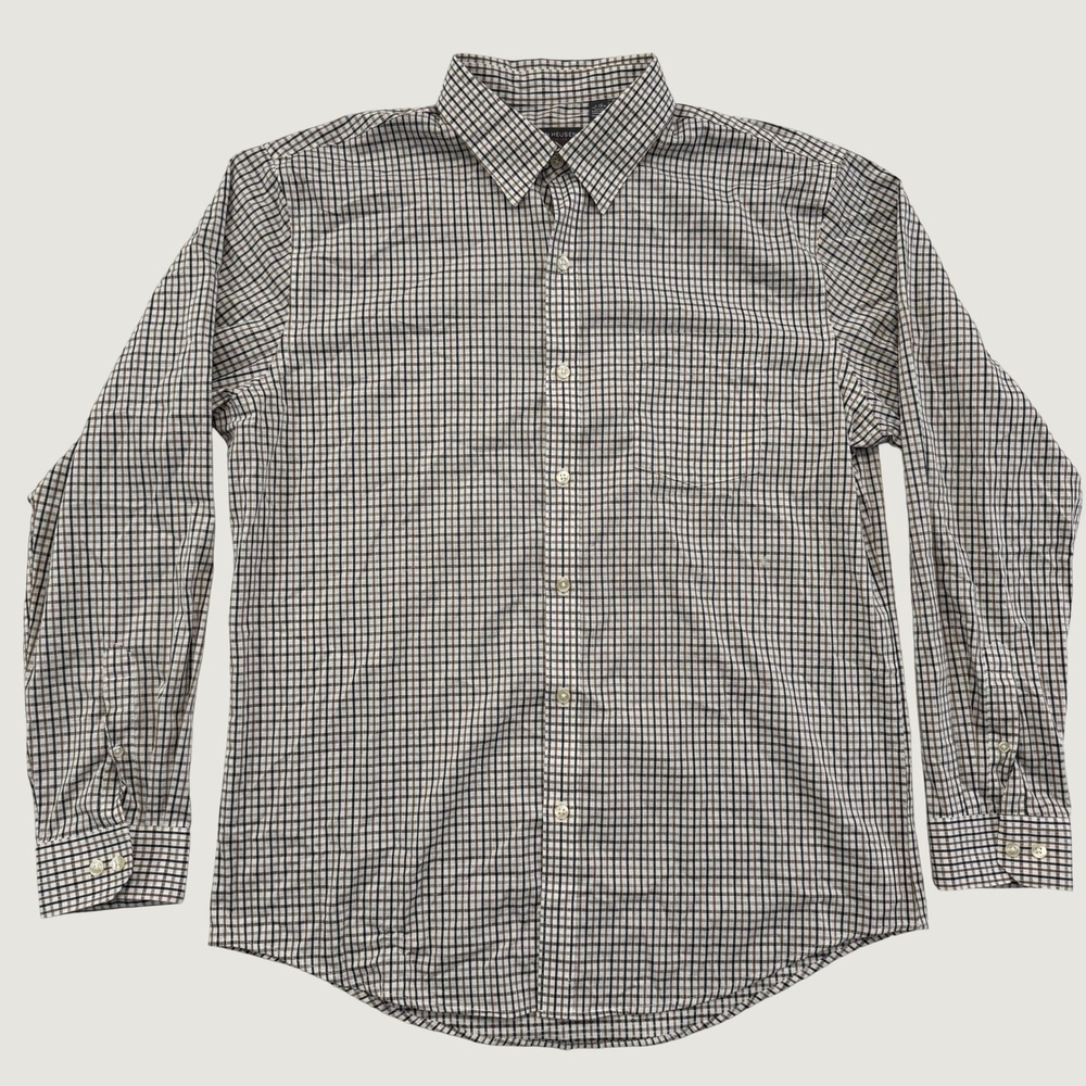 Van Heusen Traveler Mens Large Classic Fit Grid Button Down Shirt Tan Black